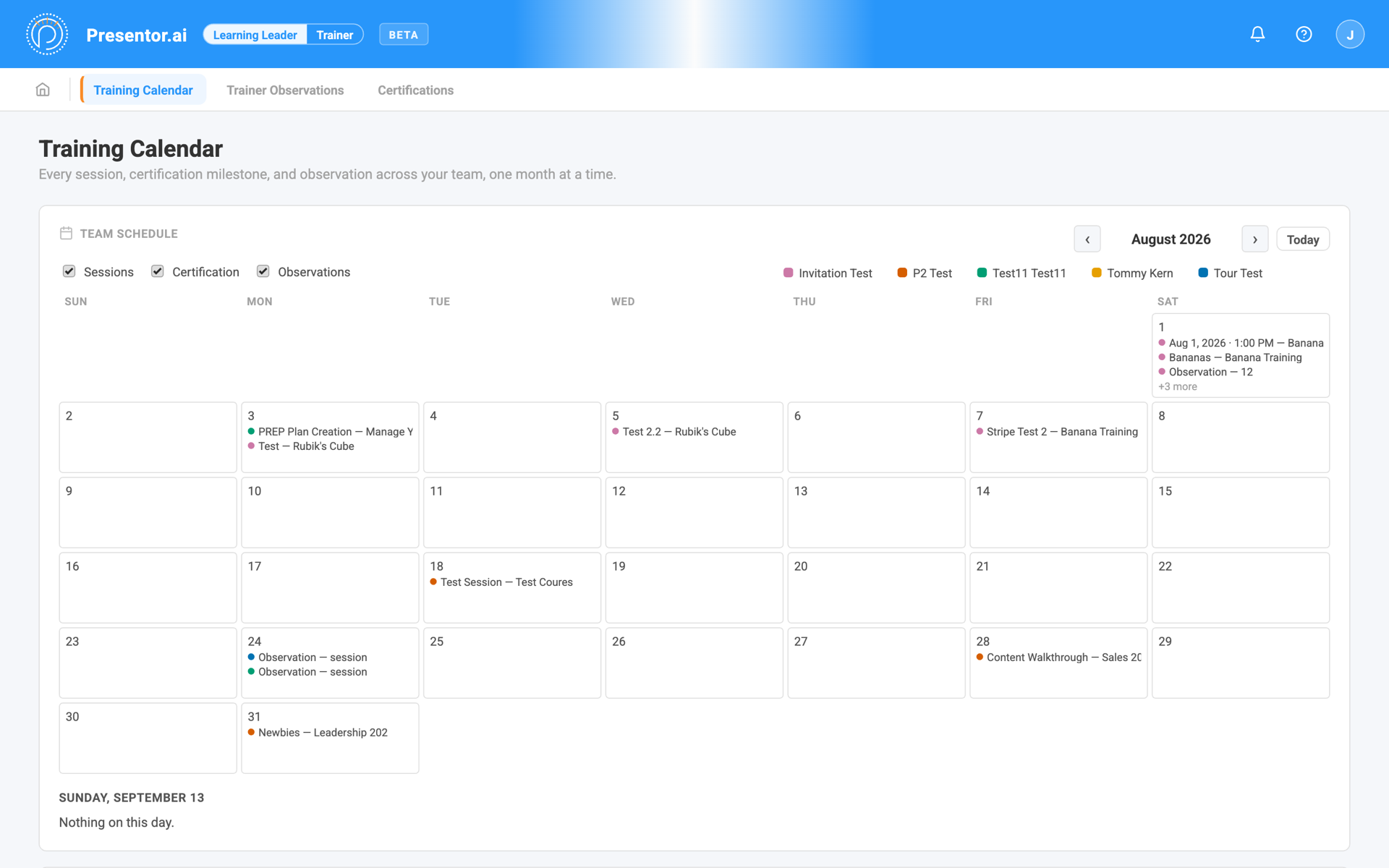The team Training Calendar: every trainer's sessions, certification milestones, and observations in one month view